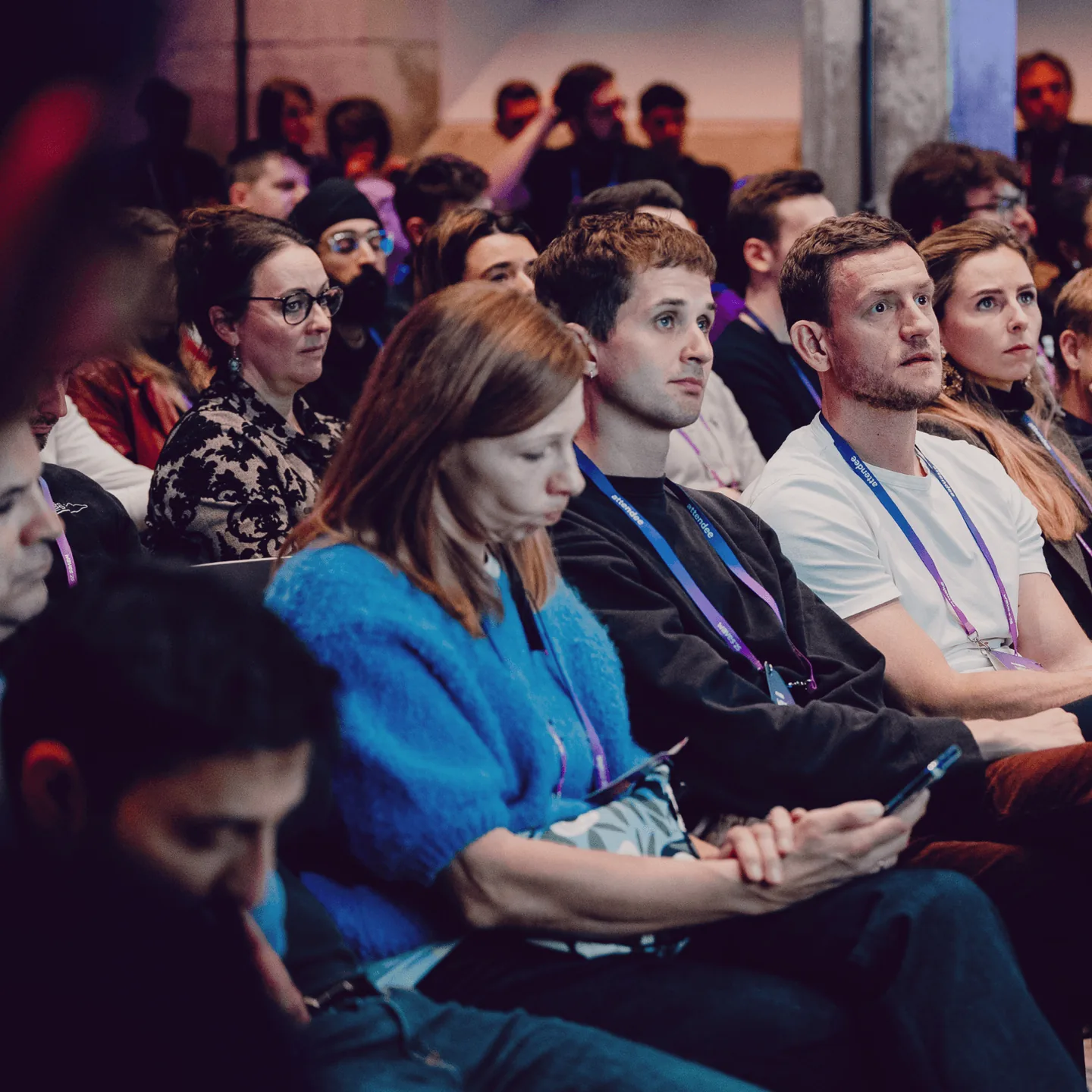 One of the three concurrent stages mid-session, seen from the audience.