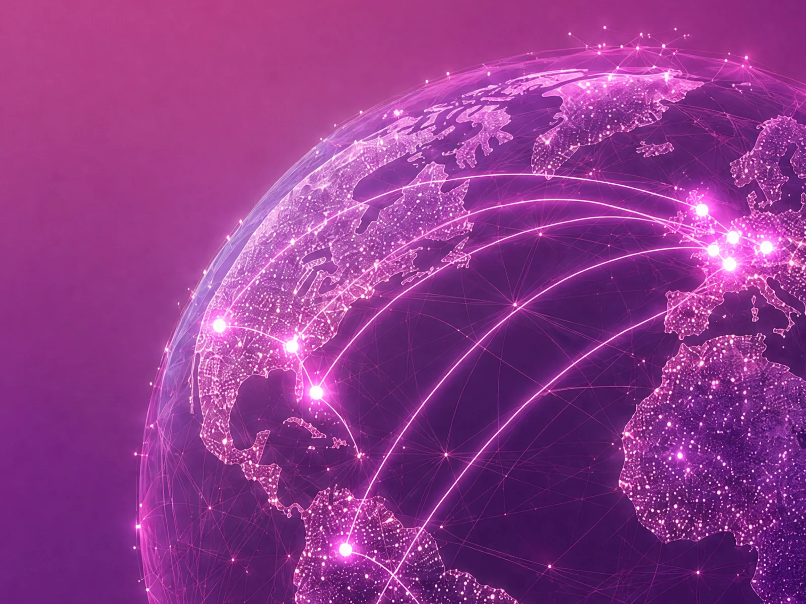 A globe criss-crossed with glowing connections between cities